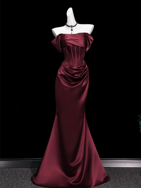 Wine Red Satin Off Shoulder Floor Length Party Dress, Wine Red Strapless Evening Dress