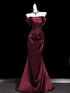 Wine Red Satin Off Shoulder Floor Length Party Dress, Wine Red Strapless Evening Dress
