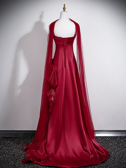 Strapless Wine Red Formal Gown With Organza Skirt, Wine Red Satin A-Line Prom Dress