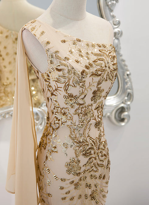 Lovely One Shoulder Champagne Sequins Mermaid Prom Dress, Champagne Evening Dress