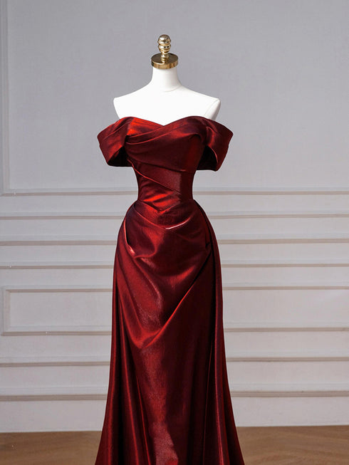 Wine Red Off Shoulder Sweetheart Long Party Dress, Wine Red Mermaid Evening Dress
