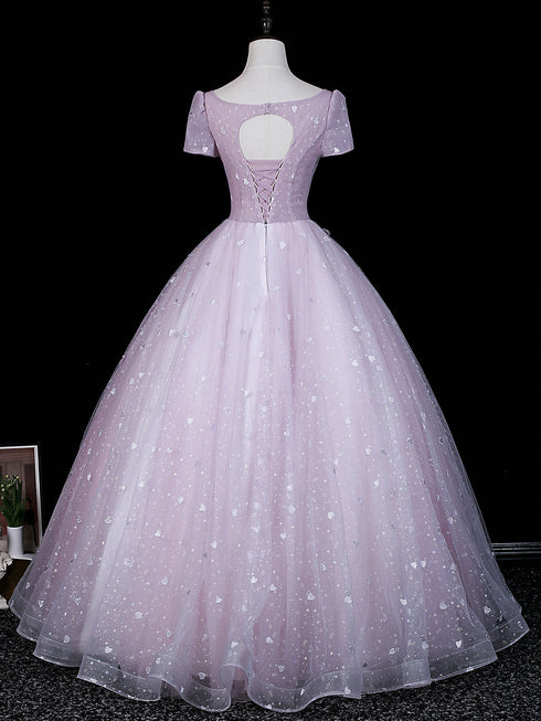 Elegant A-line Floral Lace Short Sleeves Tulle Prom Dress, Glitter Tulle Evening Dress Party Dress