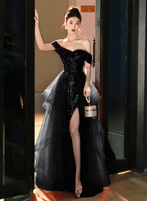 A-line Black Tulle and Sequins Long Prom Dress with Leg Slit, Black Formal Dress