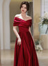 Wine Red Satin A-line Off Shoulder Long Party Dress, Wine Red Simple Prom Dress