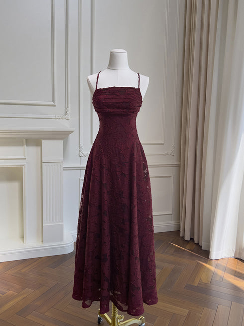 Vintage-Inspired Dark Red Floral Lace Prom Dress, Romantic A-Line Evening Gown