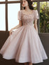 Pink Tulle Short Sleeves Beaded Knee Length Party Dress, Pink Tulle Homecoming Dress