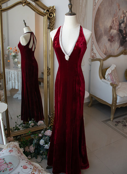 Wine Red Velvet Mermaid Beaded Long Party Dress, Wine Red Prom Dress