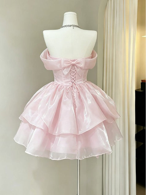 Pink Off Shoulder Mini Prom Dress, Pink Bowknot Puffy Organza Homecoming Dress