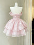 Pink Off Shoulder Mini Prom Dress, Pink Bowknot Puffy Organza Homecoming Dress
