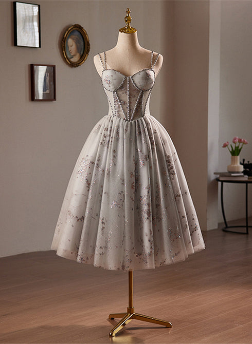 Grey Sweetheart Tulle Beaded Straps Homecoming Dress, Grey Tulle Prom Dress
