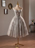 Grey Sweetheart Tulle Beaded Straps Homecoming Dress, Grey Tulle Prom Dress