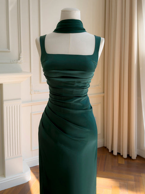 Elegant Emerald Green Satin Evening Dress, Square Neck Ruched Bodycon Maxi Prom Gown