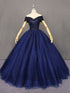 Navy Blue Tulle Beaded Ball Gown Sweet 16 Dress, Blue Tulle Prom Dress Party Dress