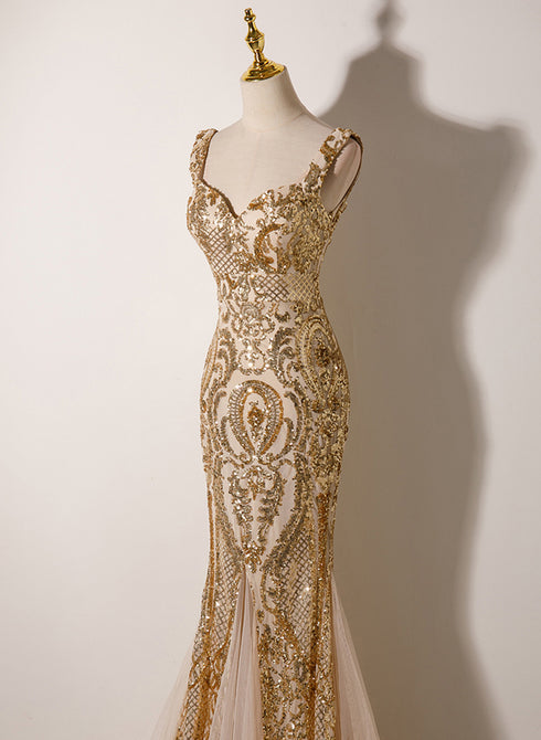 Champagne Mermaid Straps Long Evening Dress, Champagne Sequins Prom Dress