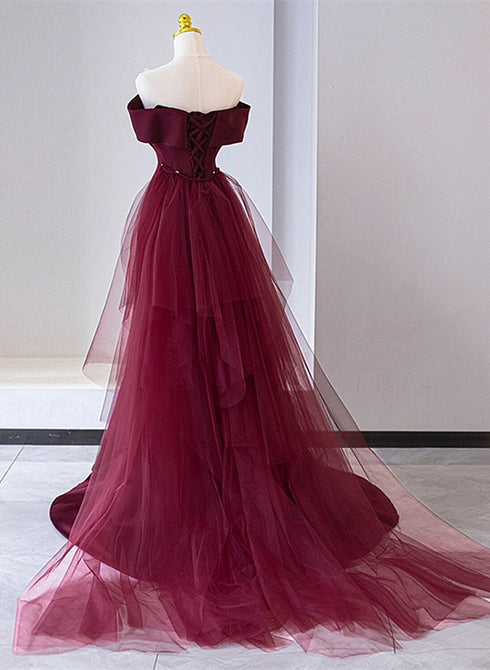 Charming Mermaid Lace-up Satin Long Formal Dress, Burgundy Off Shoulder Evening Dress