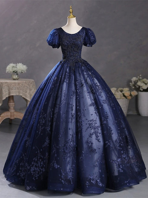 Navy Blue Ball Gown Round Neckline Short Sleeves Party Dress, Navy Blue Tulle Prom Dress