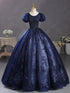 Navy Blue Ball Gown Round Neckline Short Sleeves Party Dress, Navy Blue Tulle Prom Dress