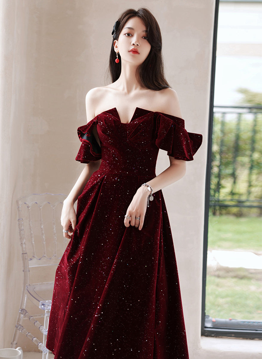 Wine Red Velvet Tea Length Party Dress Graduation Dress, Wine Red Prom Dress Custom size / Wine Red