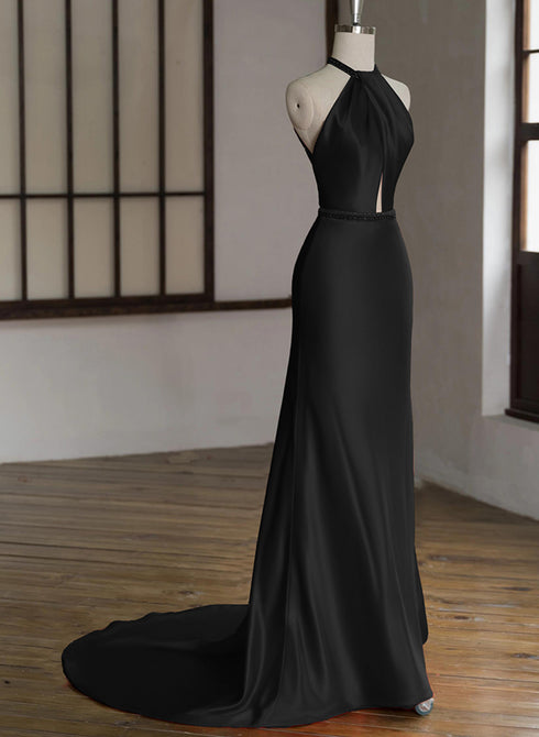 Black Halter Low Back Satin Long Evening Dress, Black Simple Prom Dress
