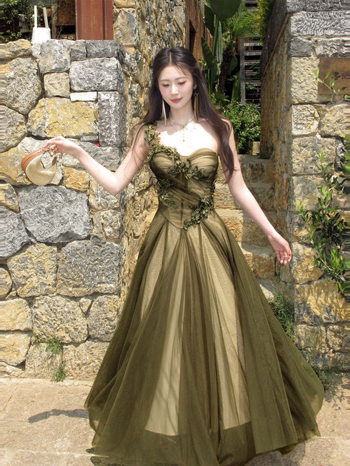 Green Tulle A-Line One Shoulder Formal Evening Dress, Green Long Prom Dress with Flowers