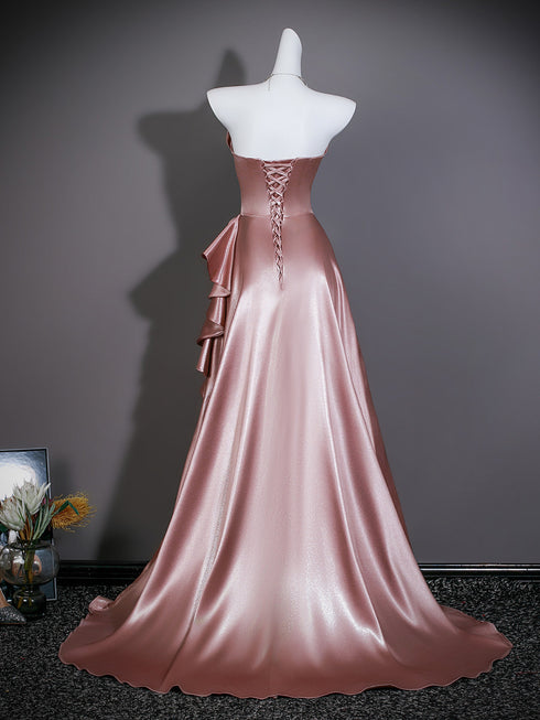 Pink Satin V-neckline A-line Long Formal Dress, Pink Off Shoulder Satin Evening Dress Prom Dress