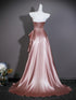 Pink Satin V-neckline A-line Long Formal Dress, Pink Off Shoulder Satin Evening Dress Prom Dress