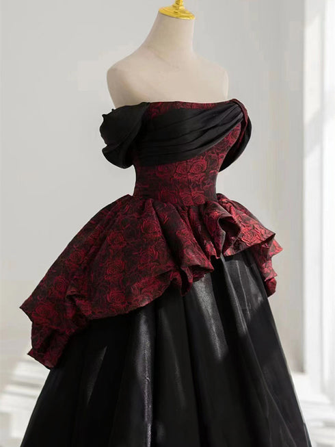 A-line Black and Red Scoop Long Formal Dress, Floral Satin Prom Dress Evening Dress