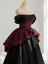 A-line Black and Red Scoop Long Formal Dress, Floral Satin Prom Dress Evening Dress