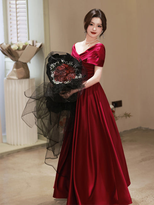 Wine Red Satin A-line Off Shoulder Long Party Dress, Wine Red Simple Prom Dress