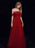 Wine Red Off Shoulder Tulle A-line Evening Dress, Wine Red Tulle Long Prom Dress