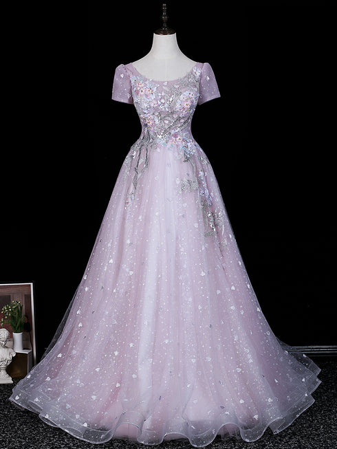 Elegant A-line Floral Lace Short Sleeves Tulle Prom Dress, Glitter Tulle Evening Dress Party Dress