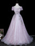 Elegant A-line Floral Lace Short Sleeves Tulle Prom Dress, Glitter Tulle Evening Dress Party Dress