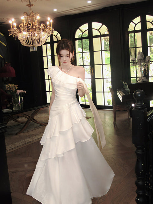 Elegant One Shoulder Ruffle White Sparkling Tiered Party Dress, White Satin Long Prom Dress