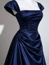 Navy Blue Satin Cap Sleeve Formal Evening Dress, A-line Navy Blue Ruched Long Prom Dress