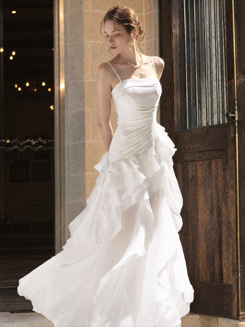 White Satin Straps A-line Long Prom Dress Party Dress, White Layers Long Evening Dress