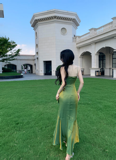 Green Satin Straps Long Evening Dress Prom Dress, Green Satin Scoop Evening Dress Formal Dress