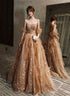 Champagne A-line Tulle Beaded Off Shoulder Prom Dress, Champagne Party Dress