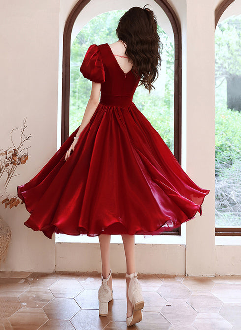 Wine Red Satin V-neckline Tea Length Party Dress, Wine Red Homecoming Dress