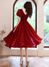 Wine Red Satin V-neckline Tea Length Party Dress, Wine Red Homecoming Dress