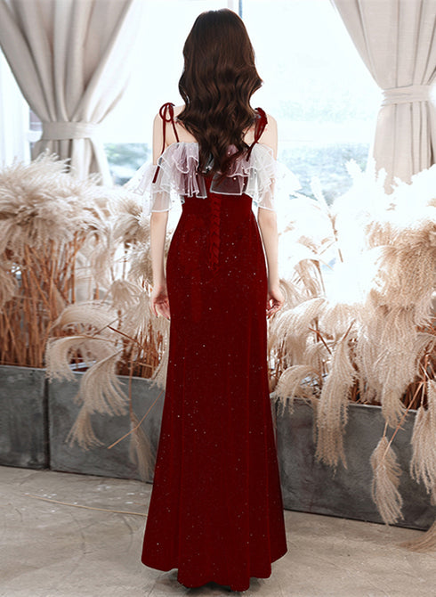 Wine Red Velvet Straps Wedding Party Dress, Wine Red Lace-up Evening Dress