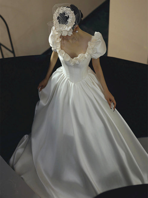 White Satin Short Sleeves Beaded Flowers Long Party Dress, White Satin Prom Dress