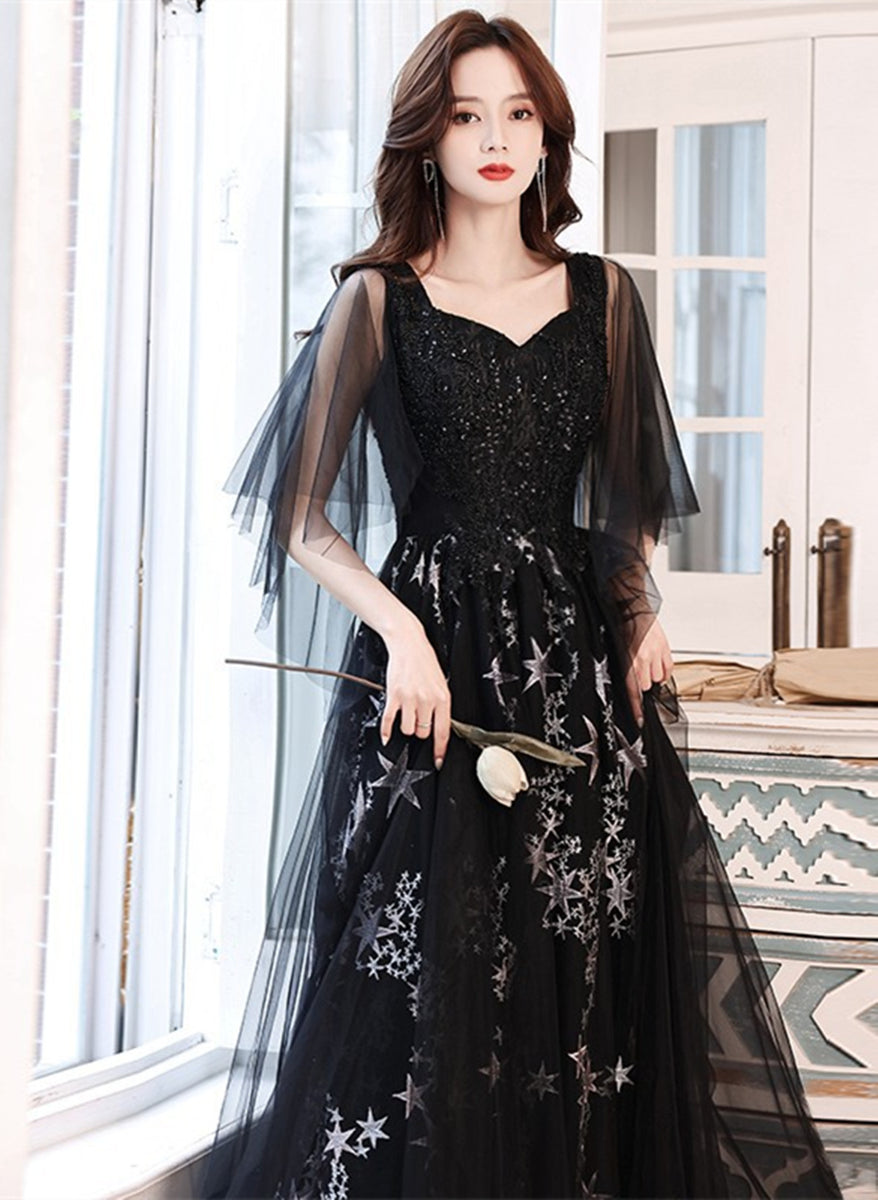 Long Tulle Dress with Beaded Straps Black