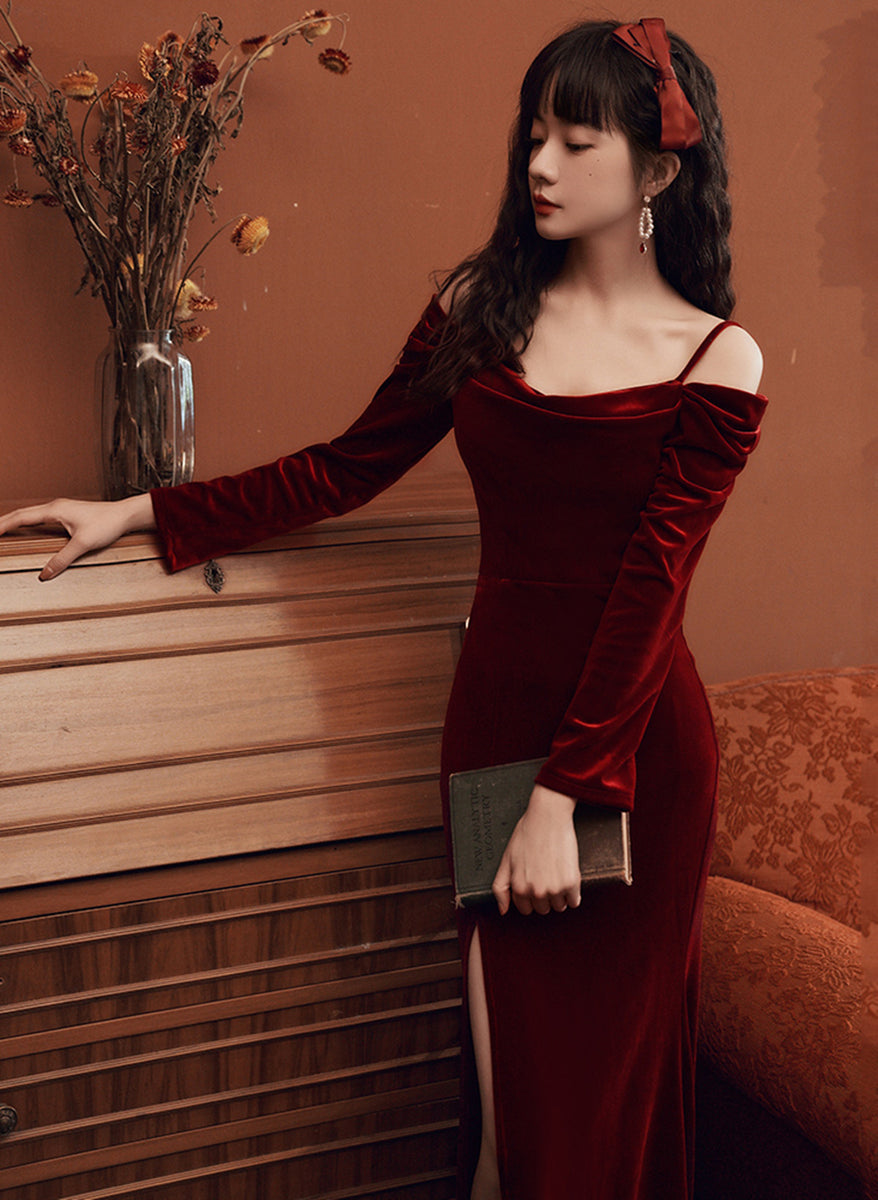 Lovely Wine Red Mermaid Sequins Off Shoulder Party Dress, Wine Red Prom Dress main image 1