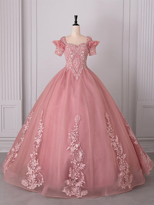 Pink Tulle Ball Gown with Lace Applique Sweet 16 Dress, Pink Off Shoulder Long Prom Dress