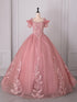 Pink Tulle Ball Gown with Lace Applique Sweet 16 Dress, Pink Off Shoulder Long Prom Dress