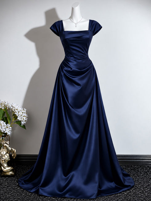 Navy Blue Satin Cap Sleeve Formal Evening Dress, A-line Navy Blue Ruched Long Prom Dress