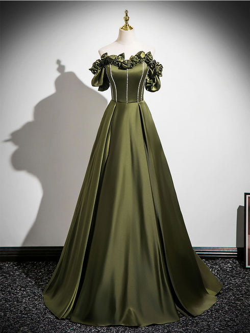 Green Off Shoulder Beaded Floral Floor Length Party Dress, Green Satin Prom Dress Evening Dress