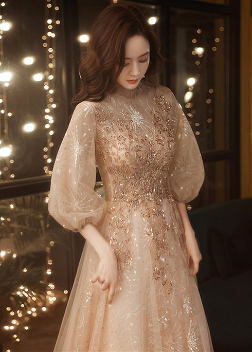 Light Champagne Tulle with Lace Long Party Dress, A-line Tulle Puffy Sleeves Prom Dress