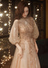 Light Champagne Tulle with Lace Long Party Dress, A-line Tulle Puffy Sleeves Prom Dress