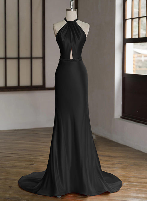 Black Halter Low Back Satin Long Evening Dress, Black Simple Prom Dress